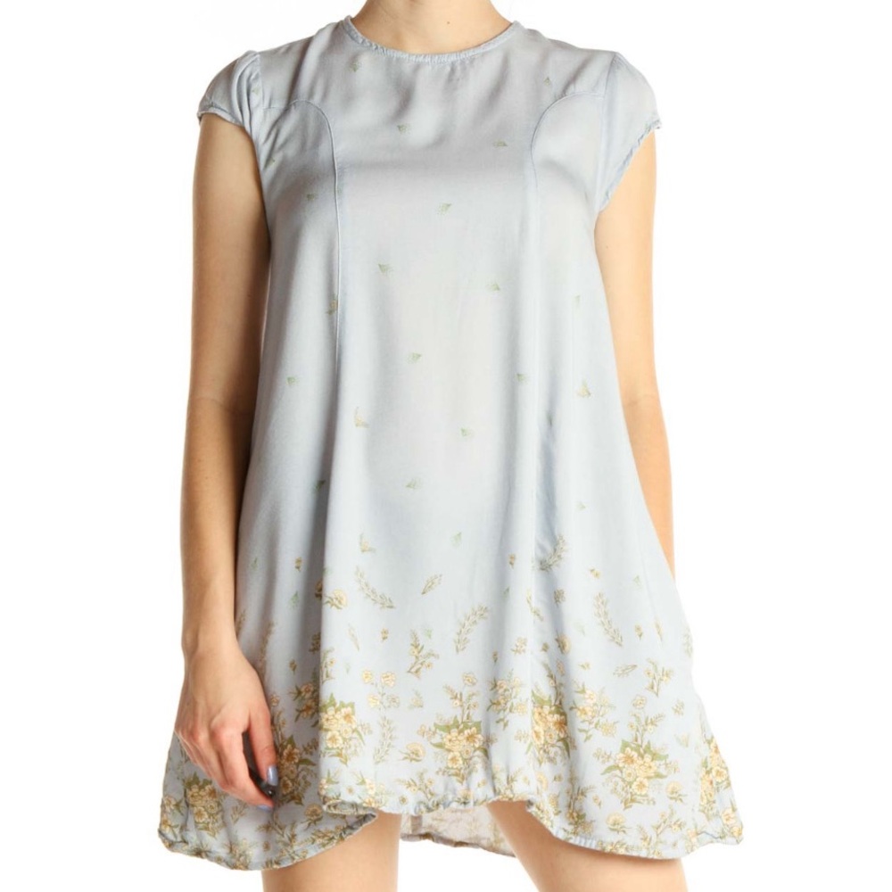 Urban Outfitters Blue Floral Shift Dress Boho Short Sleeve Pockets Size SP